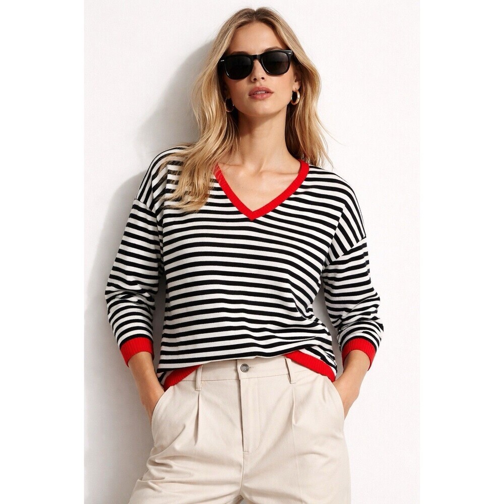 Lillusory Black White Striped V-Neck Sweater Red Trim 100% Cotton Size L